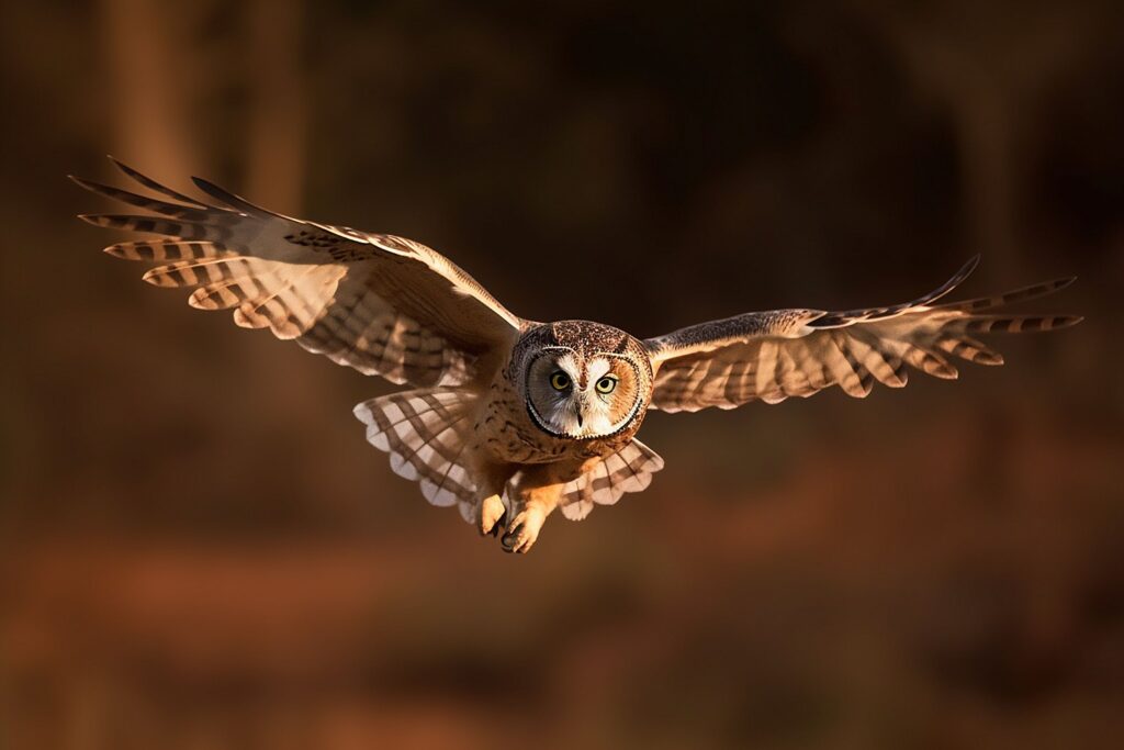 An owl in flight, wings extended, soaring through a forest under the sunlight